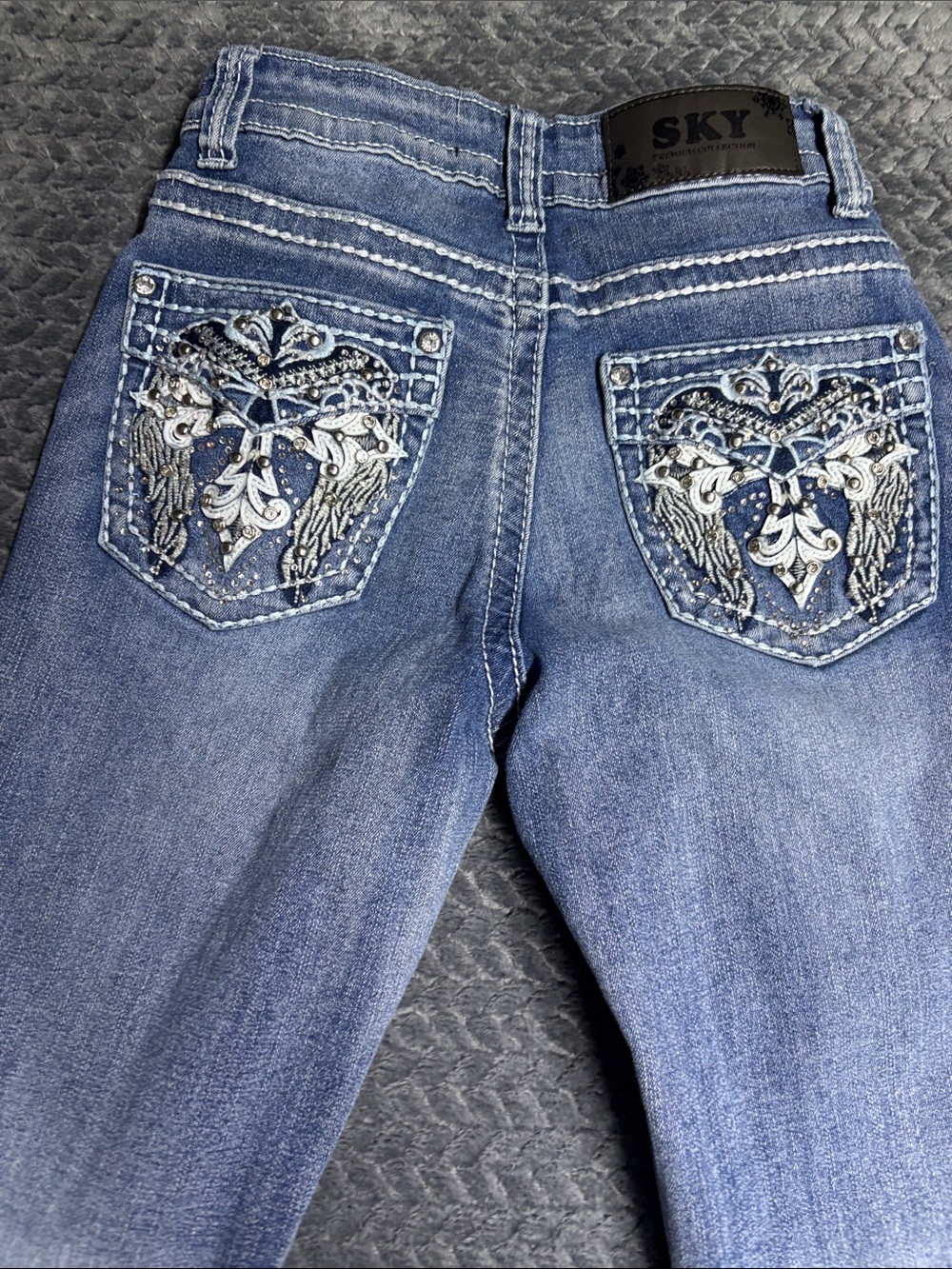 Sky Blue Flare Jeans - Distressed Mid Wash